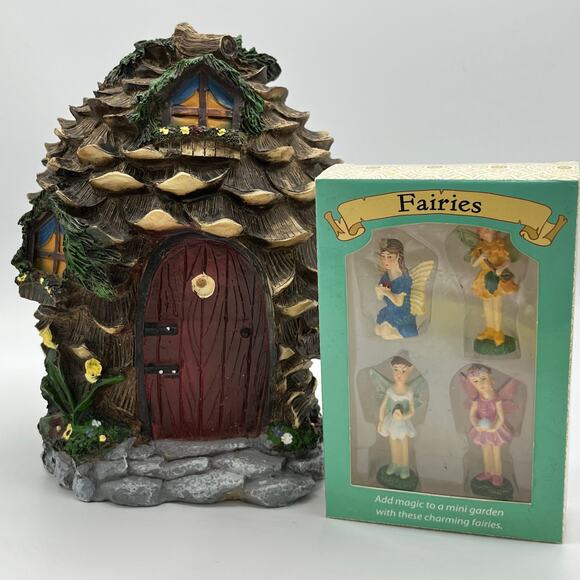 HearthSong Fantastical Resin Fairy Village Pinecone House 9" w/ 4 Fairy Figures - Picture 1 of 11